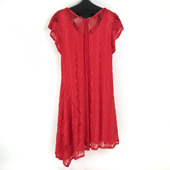 One World V-Neck Asymmetrical Dress Women's Medium Red Pink Lace Lined Stretch - Picture 5 of 12